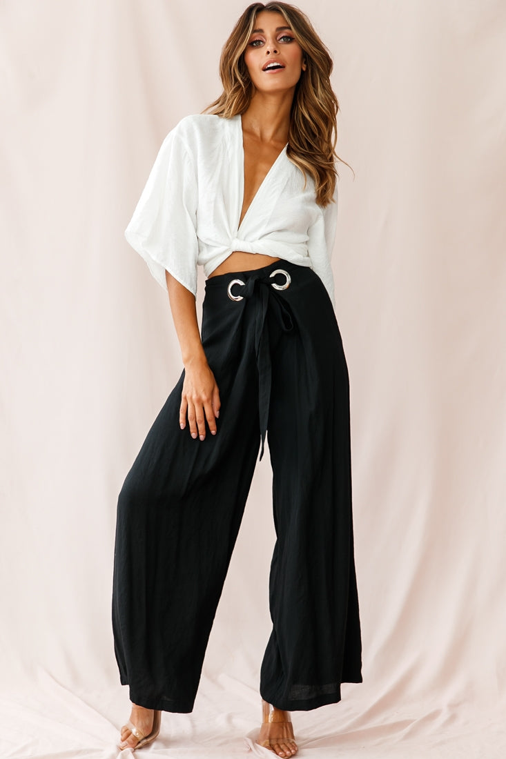 Saigon Wide Leg Eyelet Pants Black by Selfie Leslie