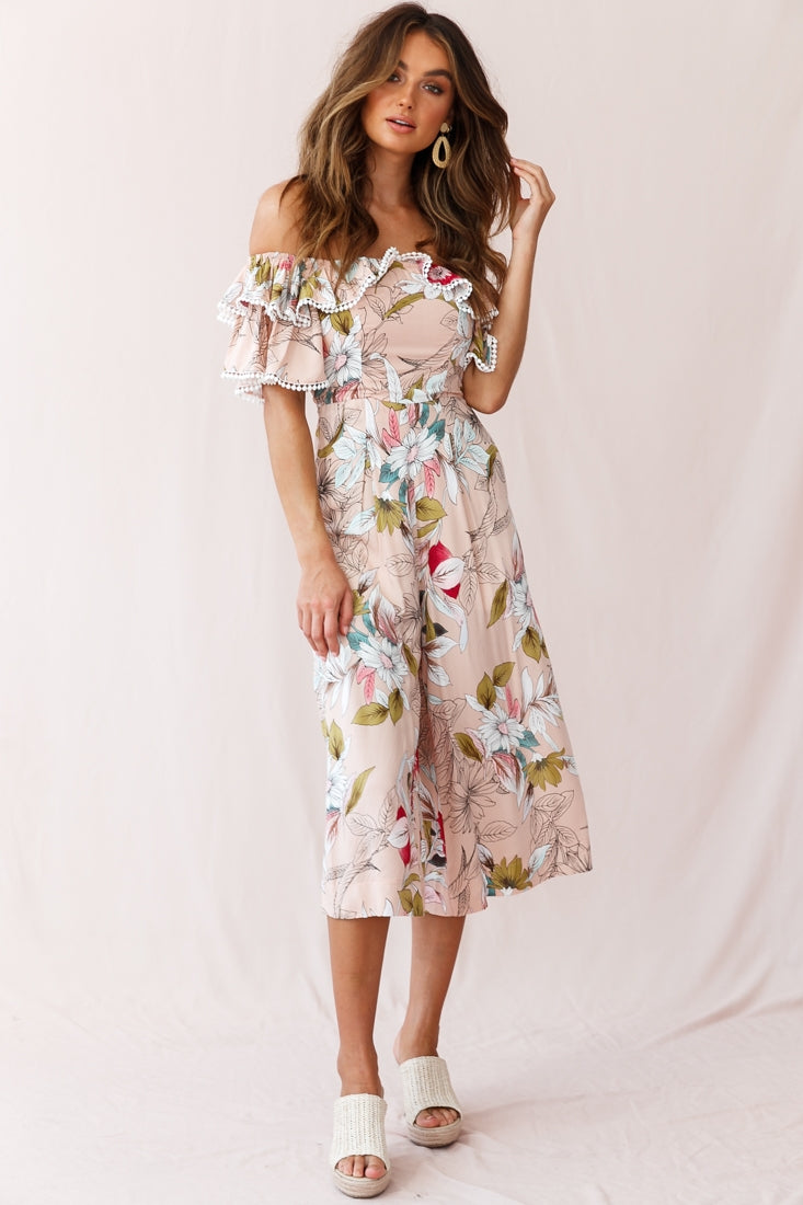 Keeper Off-Shoulder Culotte Jumpsuit Floral Print Mocha by Selfie Leslie