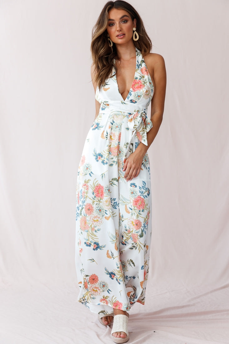 Make Me Halterneck Low Back Jumpsuit Floral Print White by Selfie Leslie
