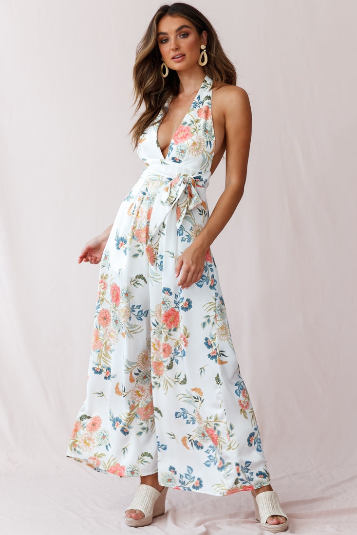 Make Me Halterneck Low Back Jumpsuit Floral Print White by Selfie Leslie
