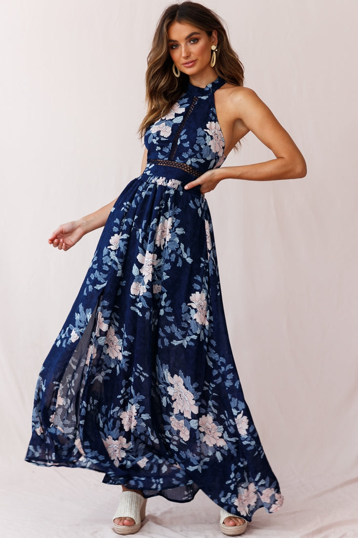 Baylor Floral Halterneck Maxi Dress Navy by Selfie Leslie