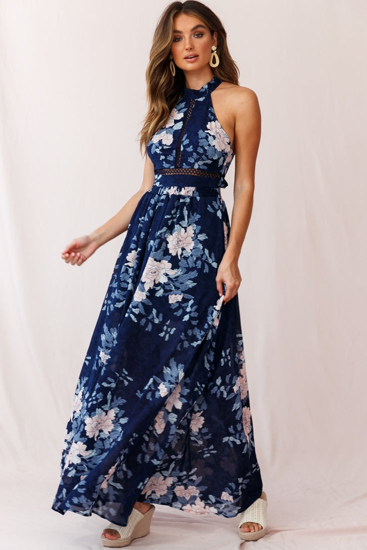 Baylor Floral Halterneck Maxi Dress Navy by Selfie Leslie