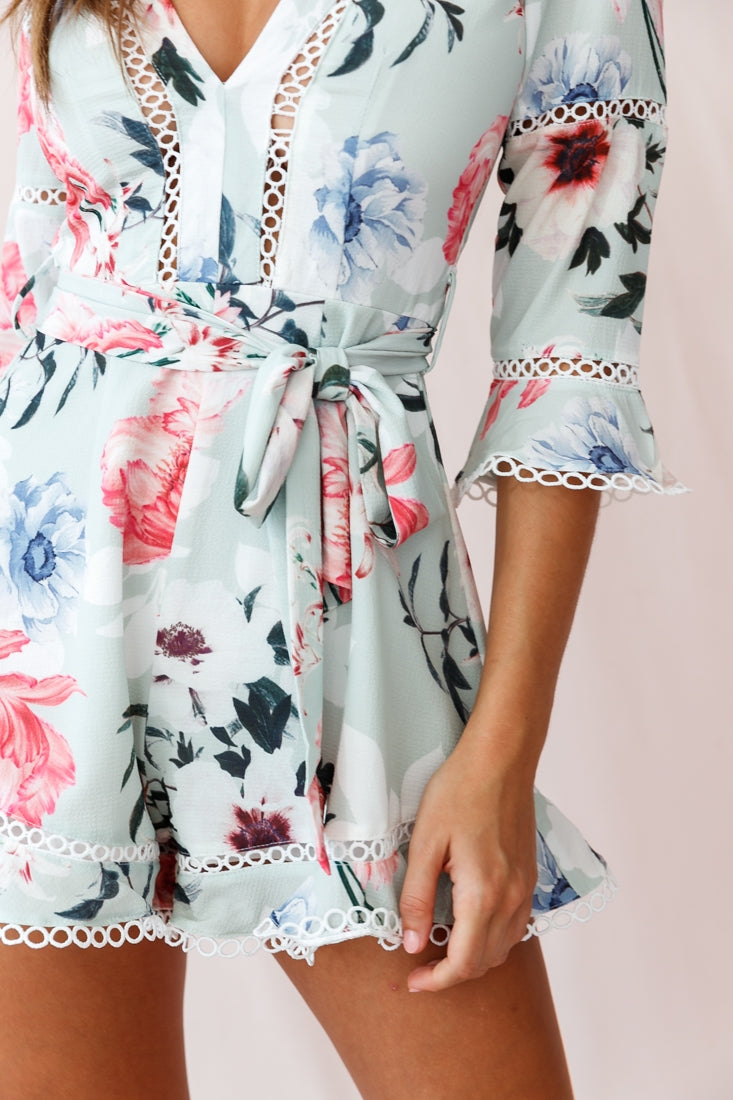 Versailles Three-Quarter Sleeve Floral Romper Green Mint by Selfie Leslie