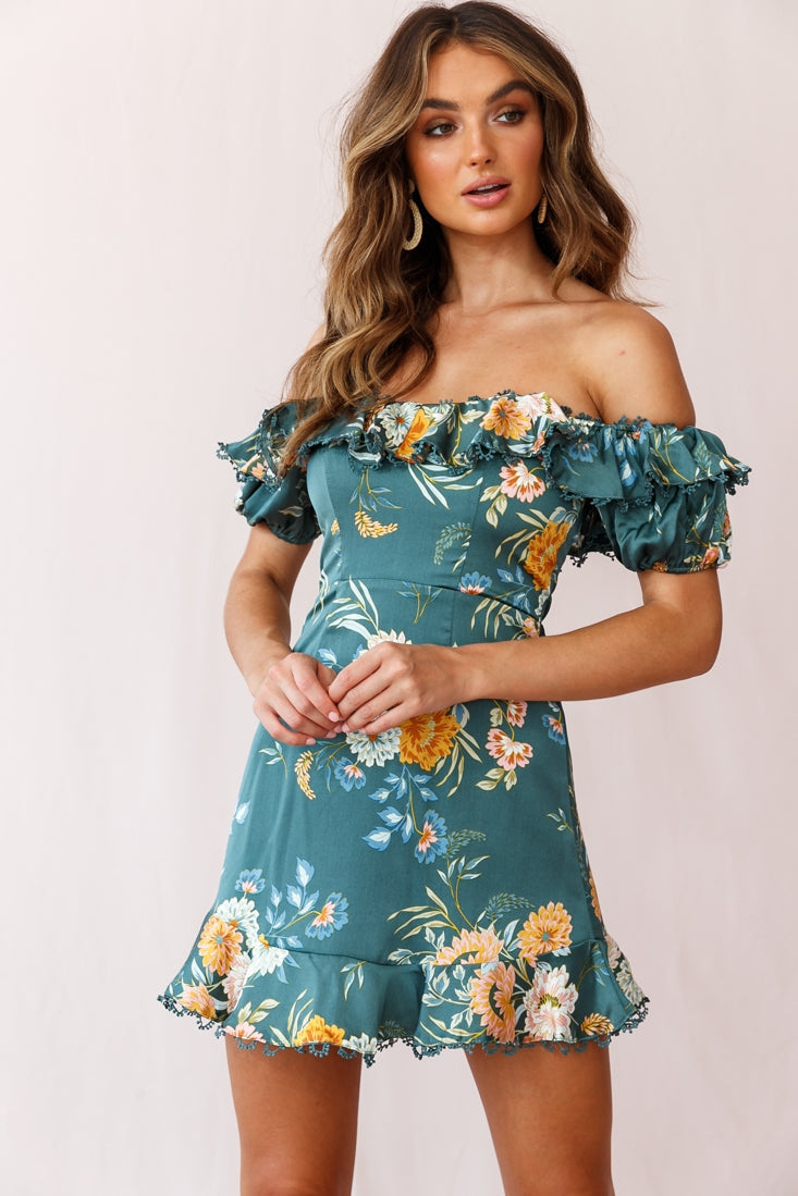 Bobby Bardot Neckline Puff Sleeve Dress Teal by Selfie Leslie