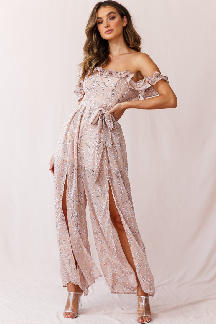 Jazz Bardot Neckline Wide Leg Split Jumpsuit Floral Print Blush by Selfie Leslie
