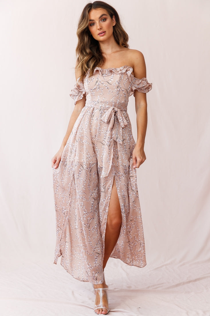 Jazz Bardot Neckline Wide Leg Split Jumpsuit Floral Print Blush by Selfie Leslie