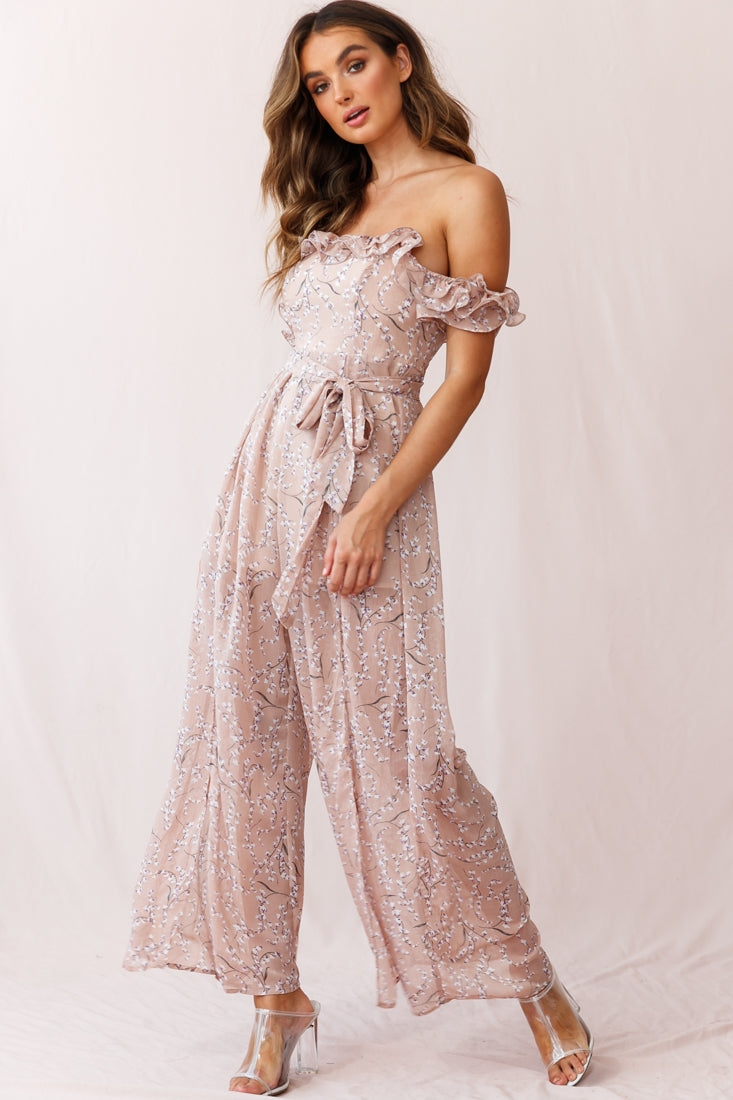 Jazz Bardot Neckline Wide Leg Split Jumpsuit Floral Print Blush by Selfie Leslie
