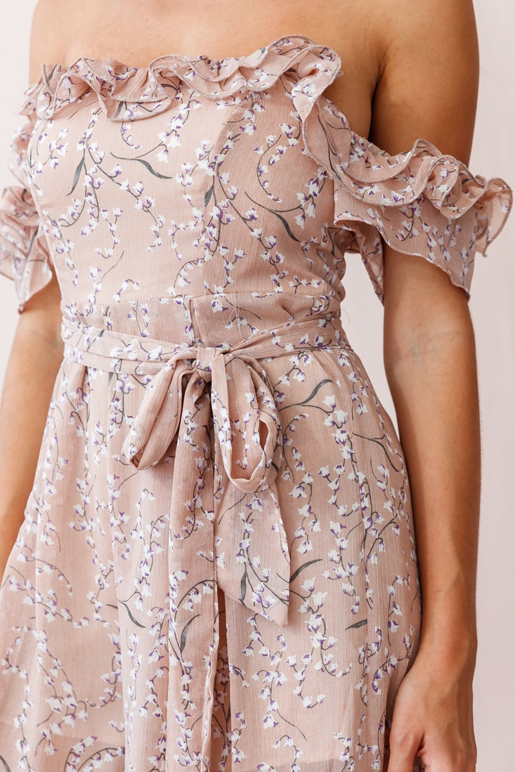 Jazz Bardot Neckline Wide Leg Split Jumpsuit Floral Print Blush by Selfie Leslie