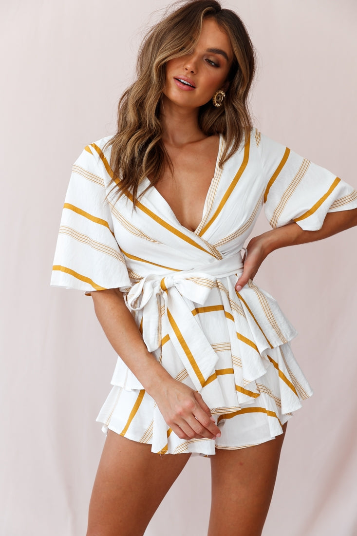 Happy Hour Deep V-Neckline Open Back Romper Stripe Print Mustard by Selfie Leslie