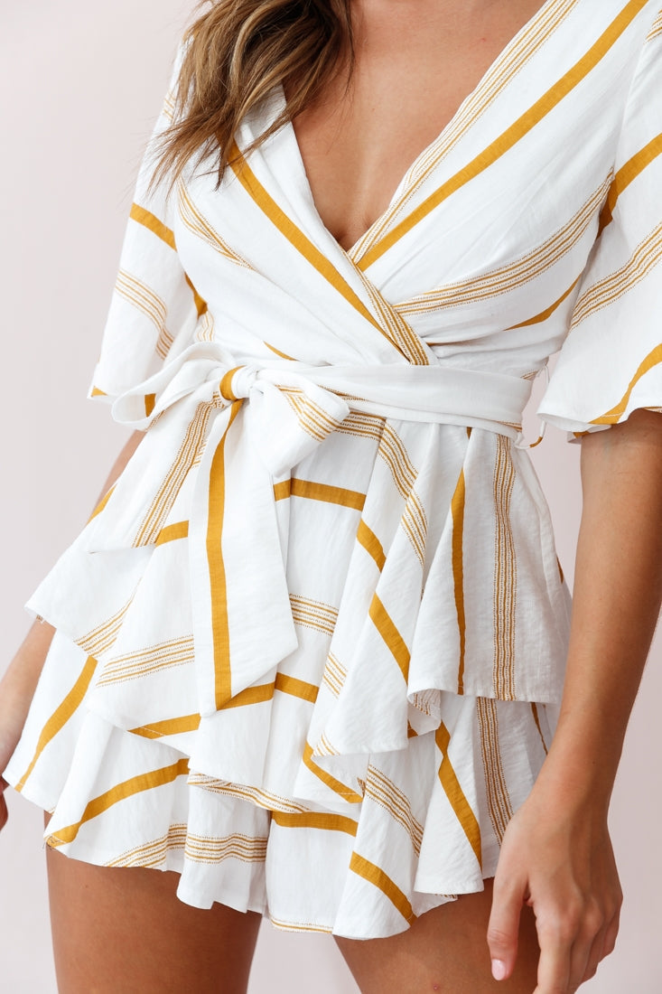 Happy Hour Deep V-Neckline Open Back Romper Stripe Print Mustard by Selfie Leslie