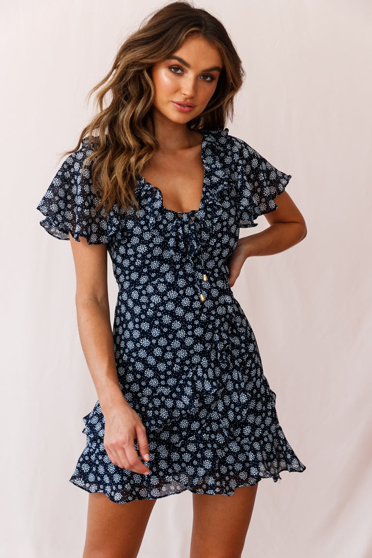 Kalina Ruffle Neckline Flutter Sleeve Mini Dress Dot Print Navy/White by Selfie Leslie