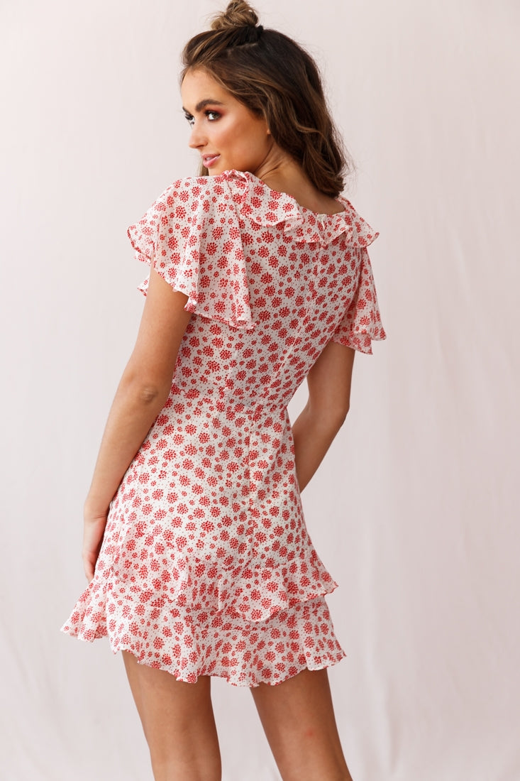 Kalina Ruffle Neckline Flutter Sleeve Mini Dress Dot Print Beige/Red by Selfie Leslie