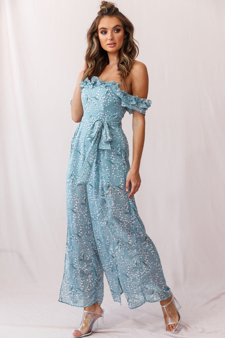 Jazz Bardot Neckline Wide Leg Split Jumpsuit Sage by Selfie Leslie