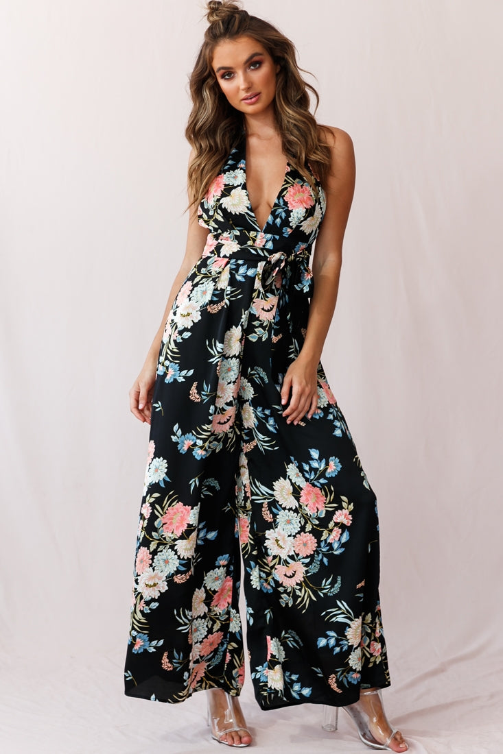 Make Me Halterneck Low Back Jumpsuit Floral Print Black by Selfie Leslie