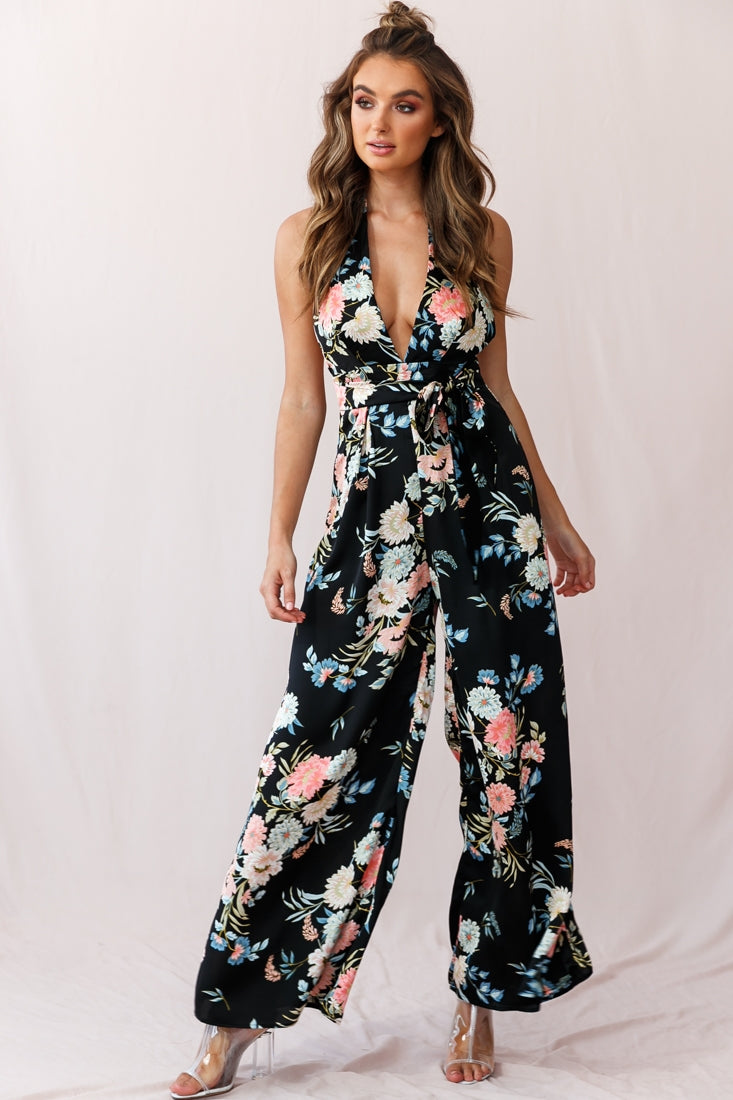 Make Me Halterneck Low Back Jumpsuit Floral Print Black by Selfie Leslie