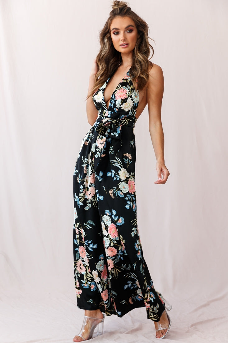 Make Me Halterneck Low Back Jumpsuit Floral Print Black by Selfie Leslie