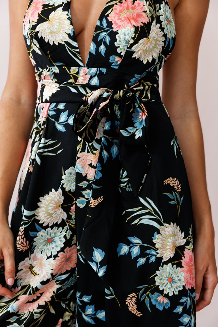 Make Me Halterneck Low Back Jumpsuit Floral Print Black by Selfie Leslie