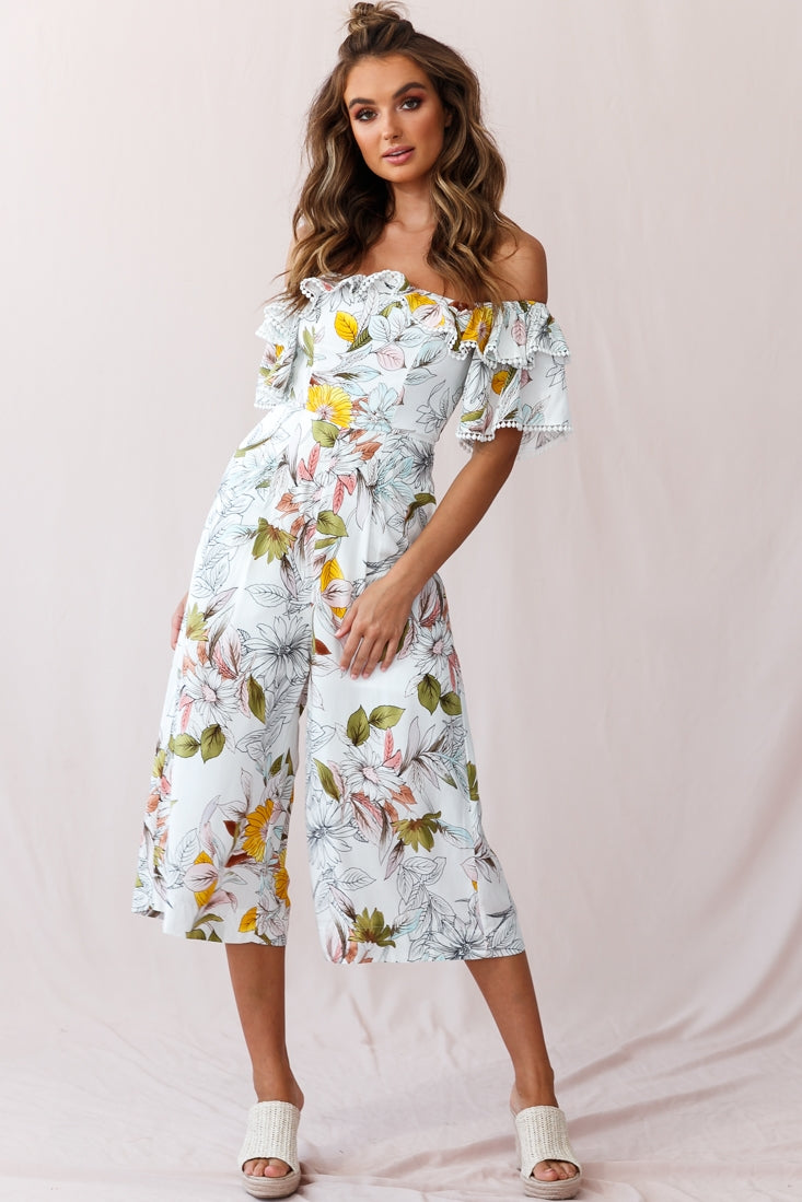 Keeper Off-Shoulder Culotte Jumpsuit Floral Print White by Selfie Leslie