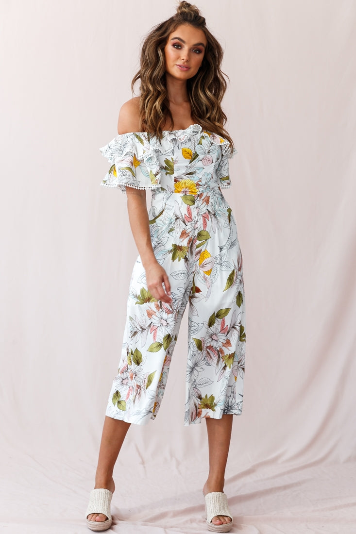 Keeper Off-Shoulder Culotte Jumpsuit Floral Print White by Selfie Leslie