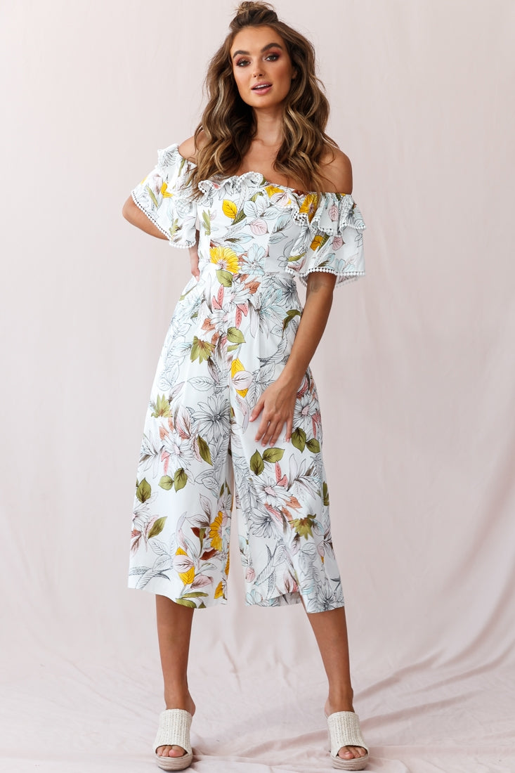 Keeper Off-Shoulder Culotte Jumpsuit Floral Print White by Selfie Leslie