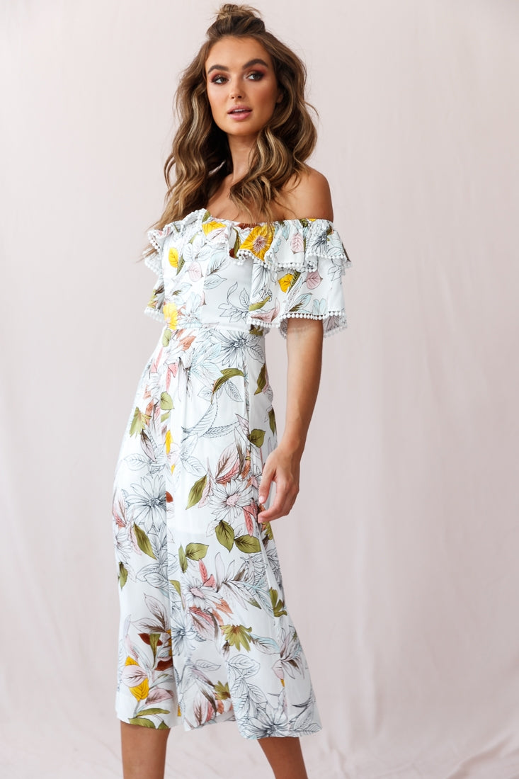 Keeper Off-Shoulder Culotte Jumpsuit Floral Print White by Selfie Leslie