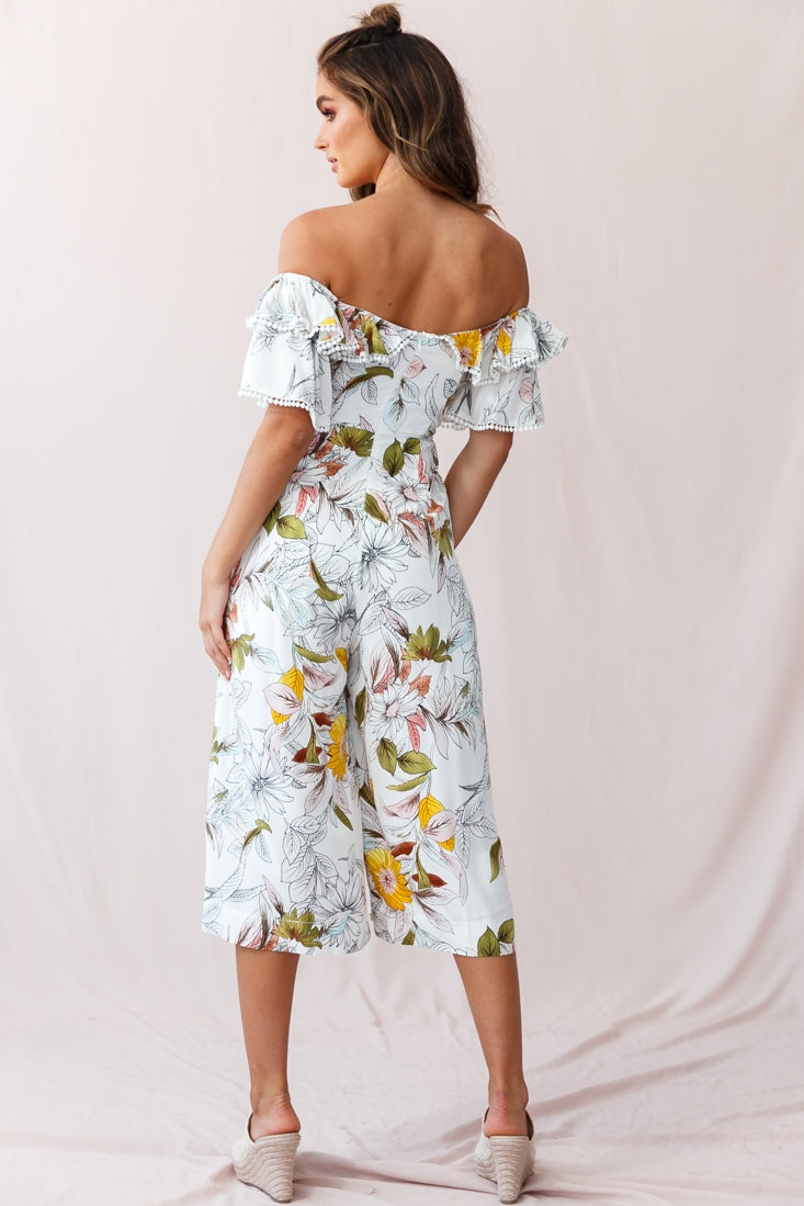 Keeper Off-Shoulder Culotte Jumpsuit Floral Print White by Selfie Leslie