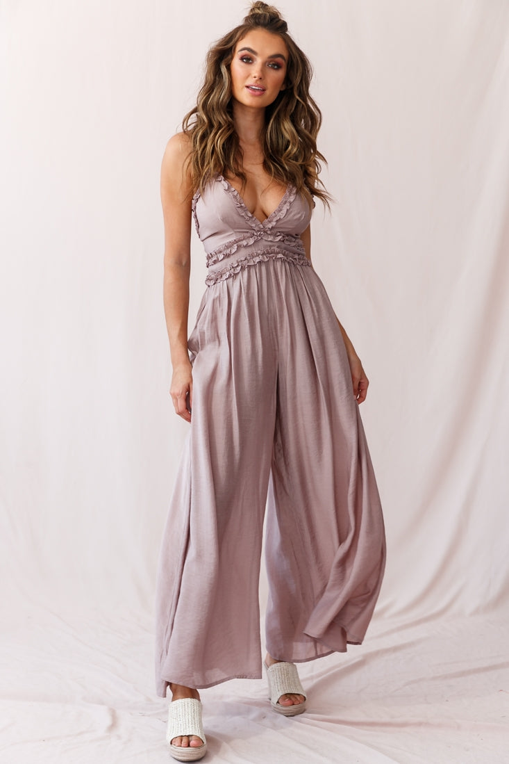 Laney Wide Leg Ruffle Detail Jumpsuit Mocha by Selfie Leslie