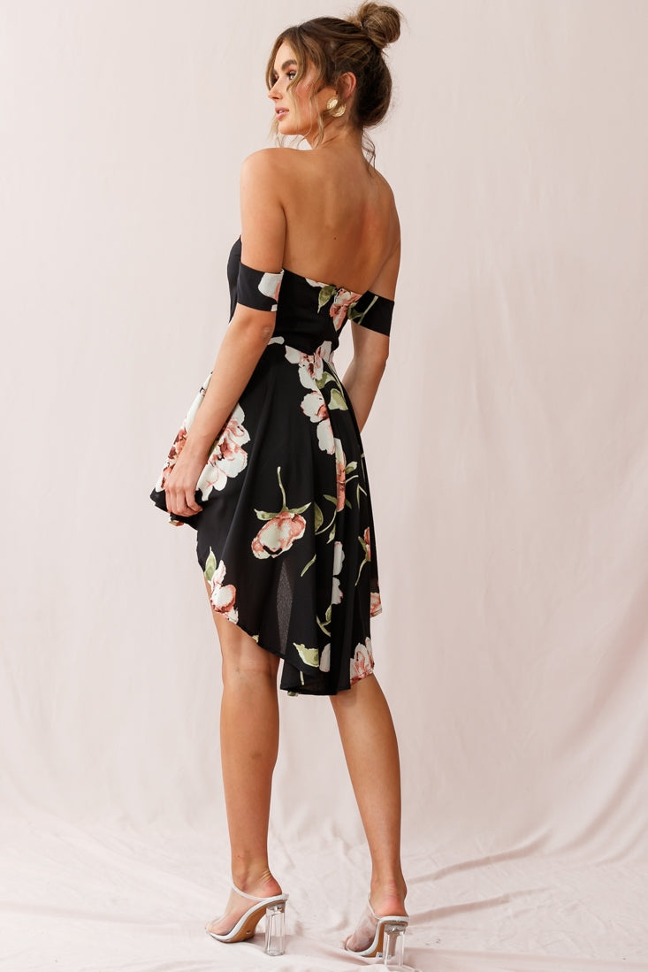 Jessa Off the Shoulder High Low Floral Romper Black by Selfie Leslie