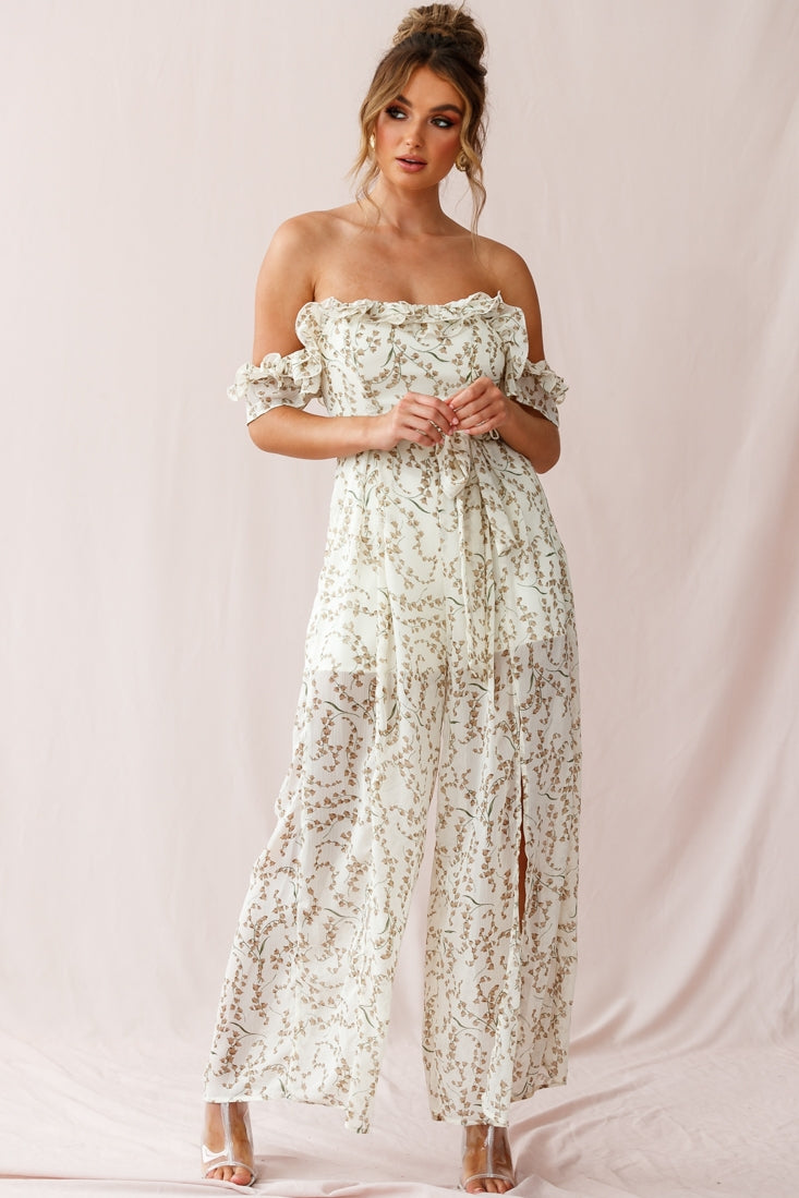 Jazz Bardot Neckline Wide Leg Split Jumpsuit Floral Print White by Selfie Leslie