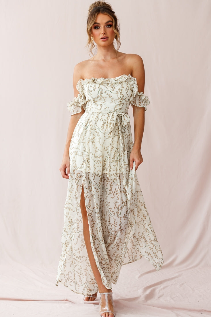 Jazz Bardot Neckline Wide Leg Split Jumpsuit Floral Print White by Selfie Leslie