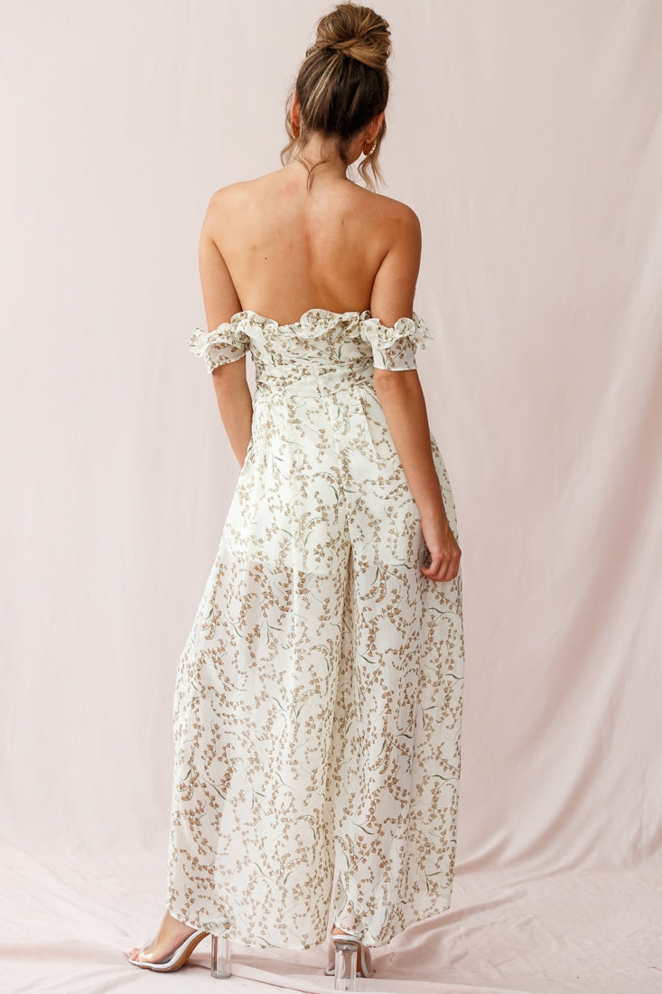 Jazz Bardot Neckline Wide Leg Split Jumpsuit Floral Print White by Selfie Leslie