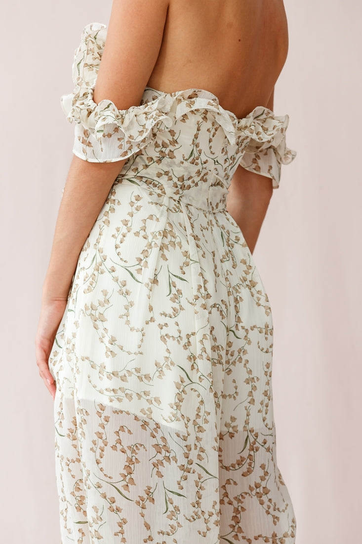 Jazz Bardot Neckline Wide Leg Split Jumpsuit Floral Print White by Selfie Leslie