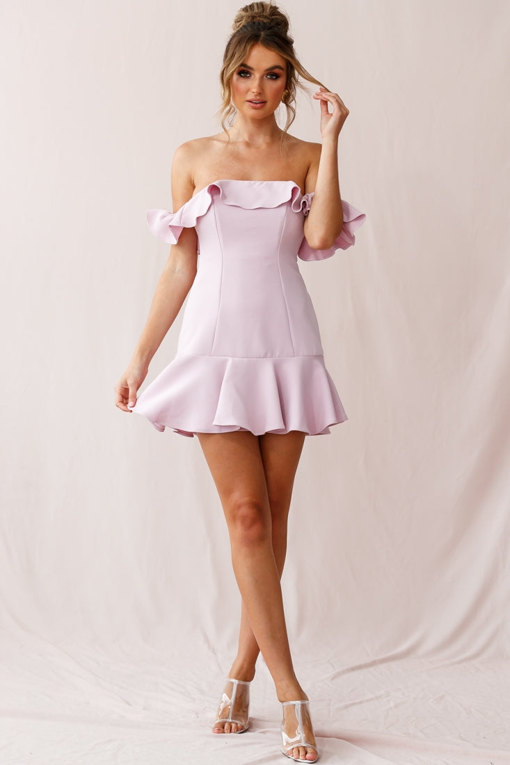 Ondine Bardot Neckline Fluted Hem Dress Mauve by Selfie Leslie