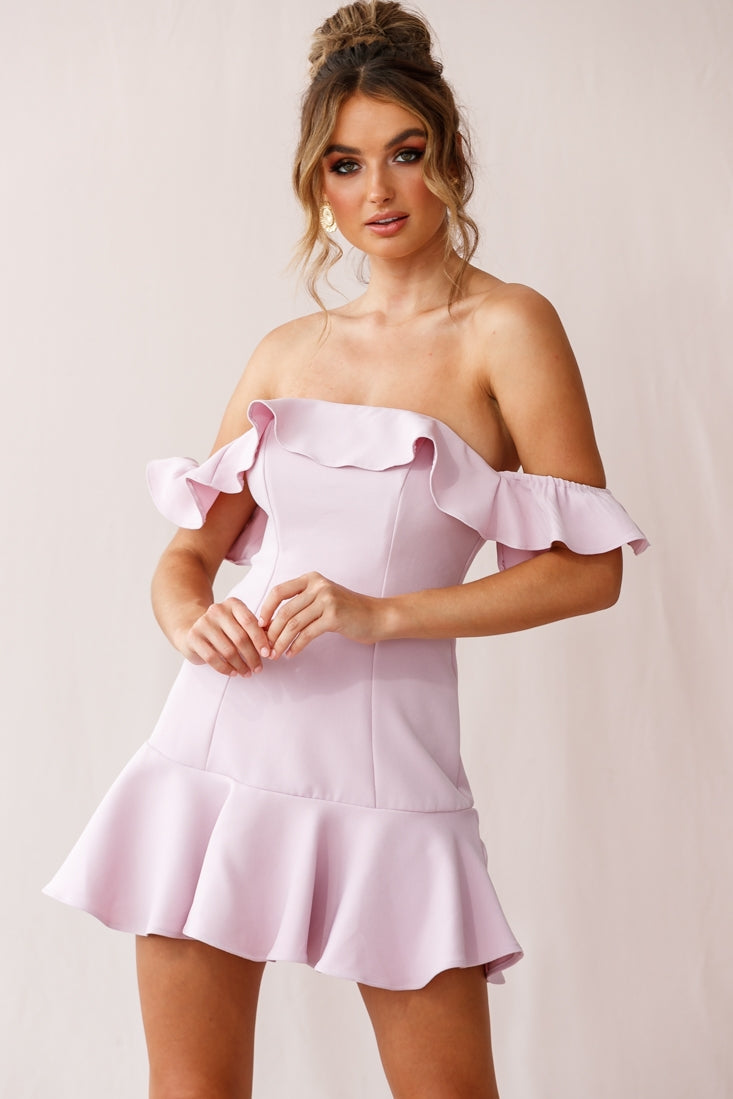 Ondine Bardot Neckline Fluted Hem Dress Mauve by Selfie Leslie
