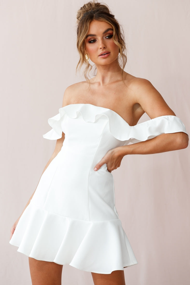 Ondine Bardot Neckline Fluted Hem Dress White by Selfie Leslie