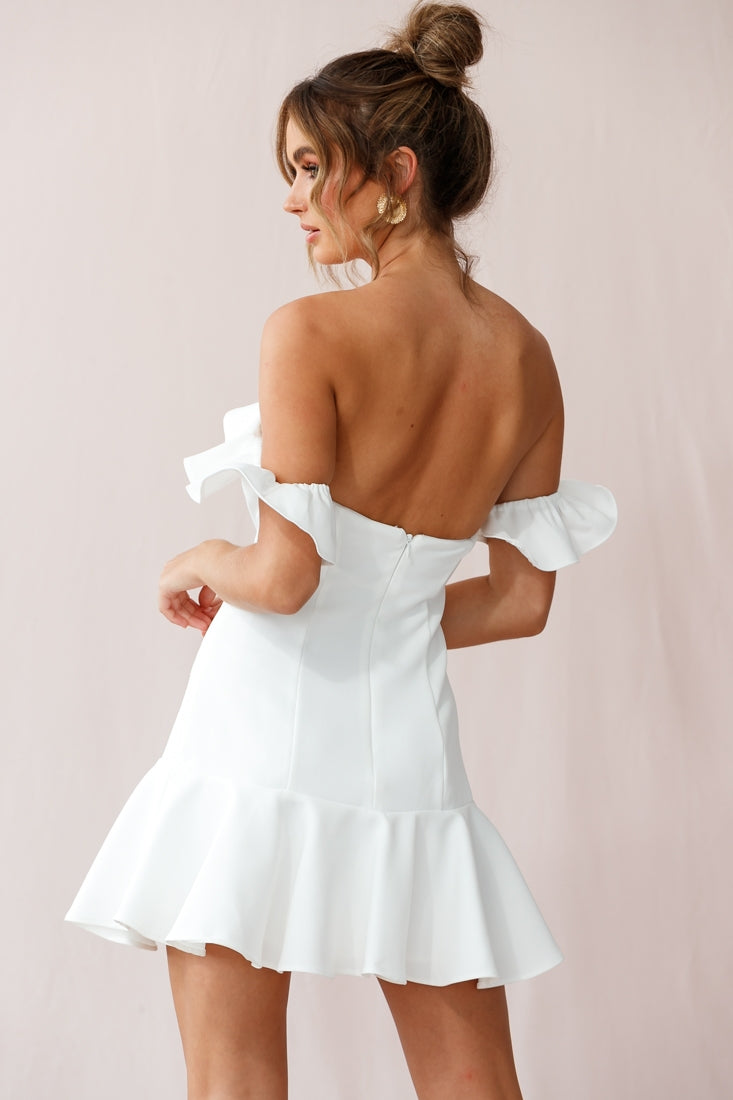 Ondine Bardot Neckline Fluted Hem Dress White by Selfie Leslie