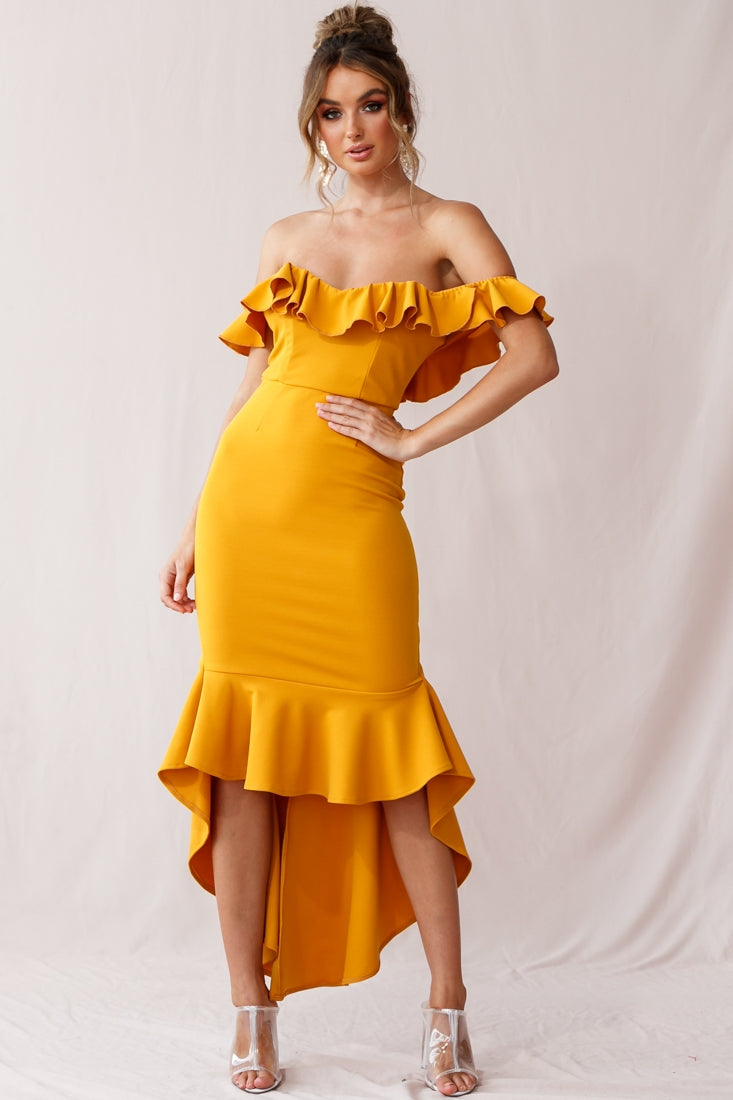 Cloud 9 Bardot Neckline Corset Back Dress Mustard by Selfie Leslie