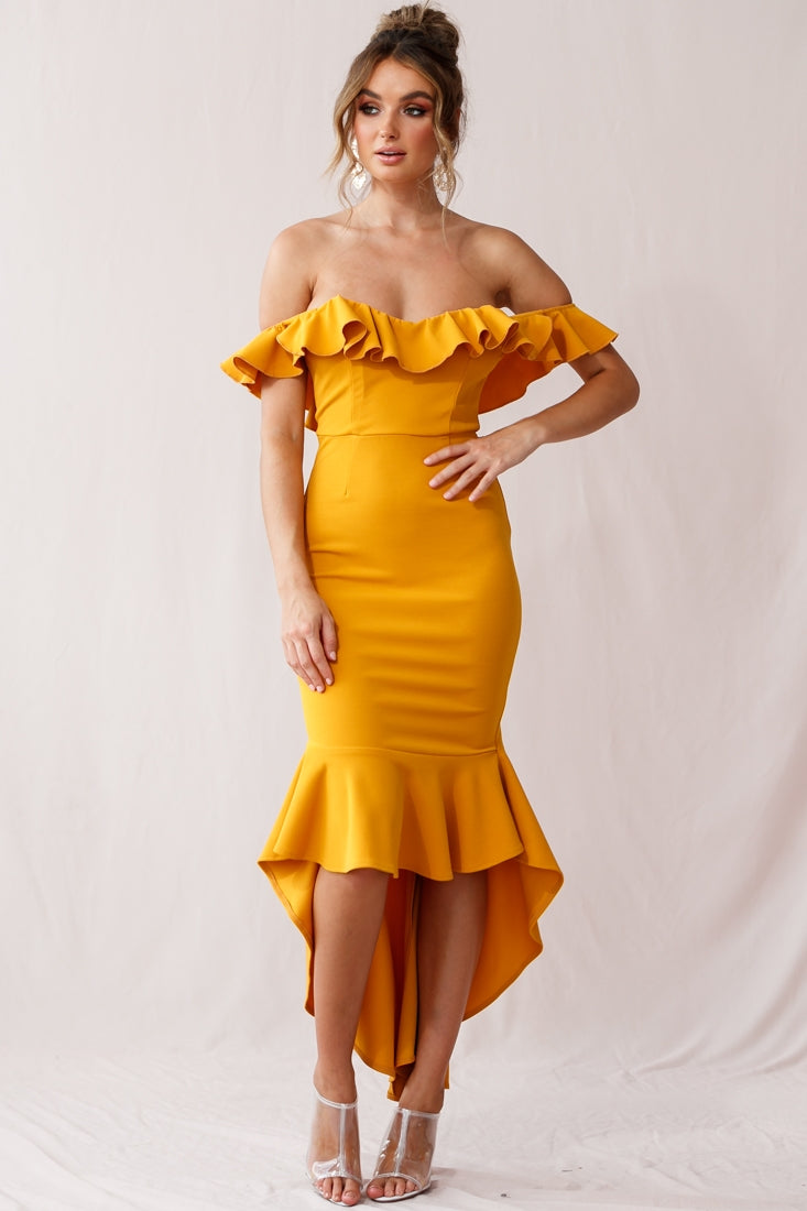 Cloud 9 Bardot Neckline Corset Back Dress Mustard by Selfie Leslie