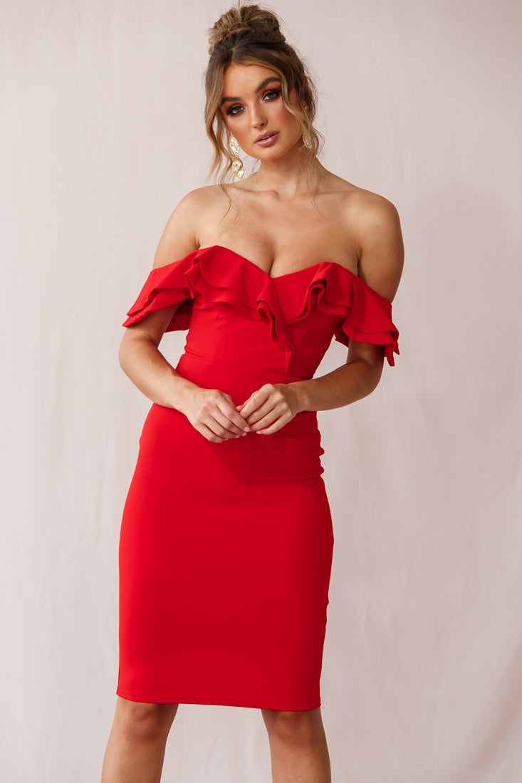 Rossi Ruffled Off The Shoulder Bodycon Dress Red by Selfie Leslie