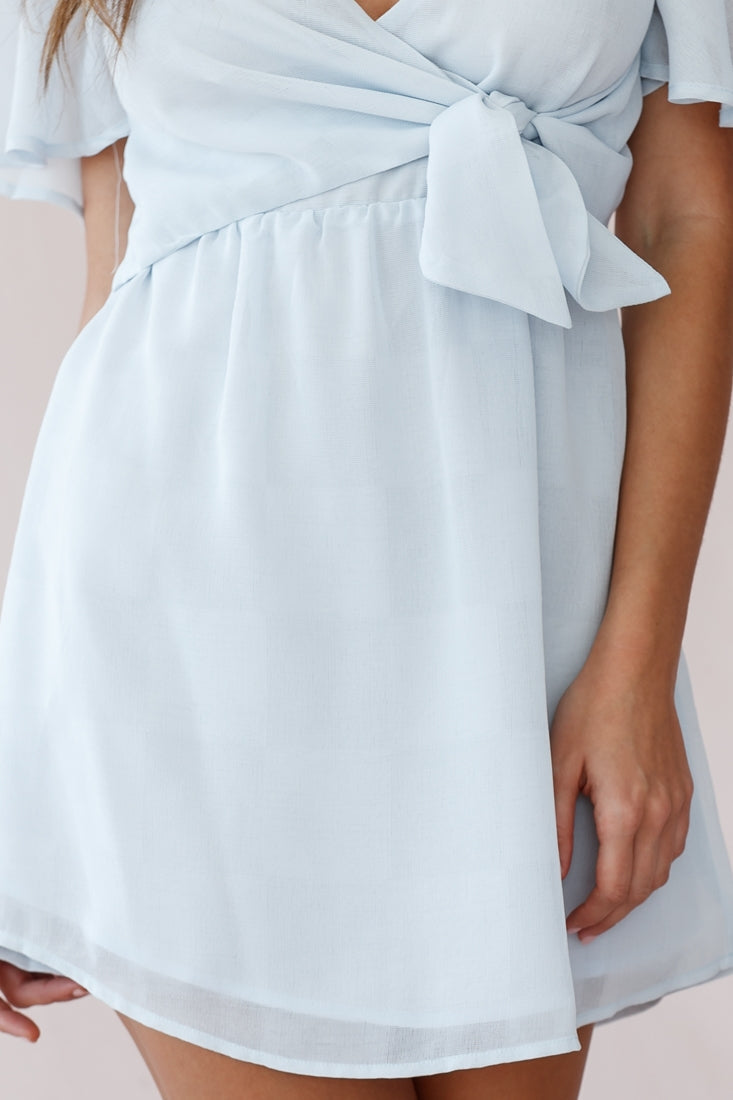 Stealing Hearts Flutter Sleeve Wrap Front Dress Blue by Selfie Leslie