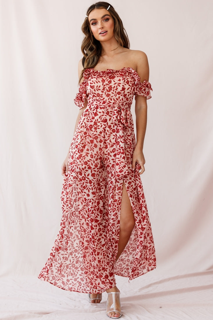 Jazz Bardot Neckline Wide Leg Split Jumpsuit Red by Selfie Leslie