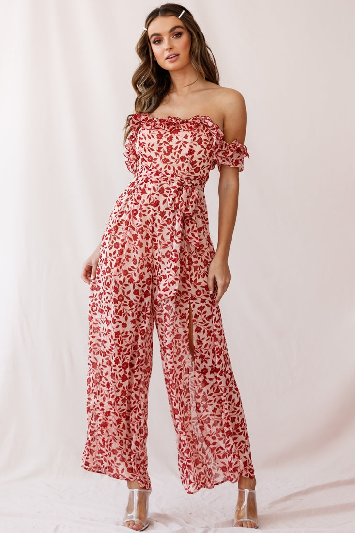 Jazz Bardot Neckline Wide Leg Split Jumpsuit Red by Selfie Leslie