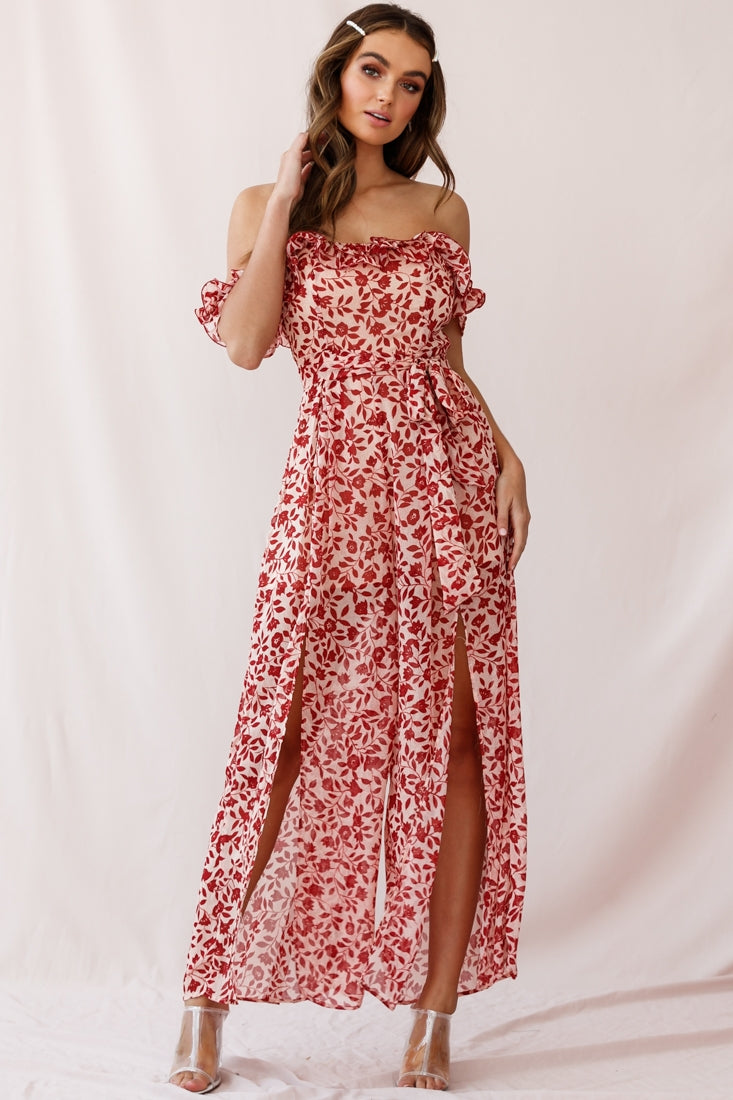 Jazz Bardot Neckline Wide Leg Split Jumpsuit Red by Selfie Leslie