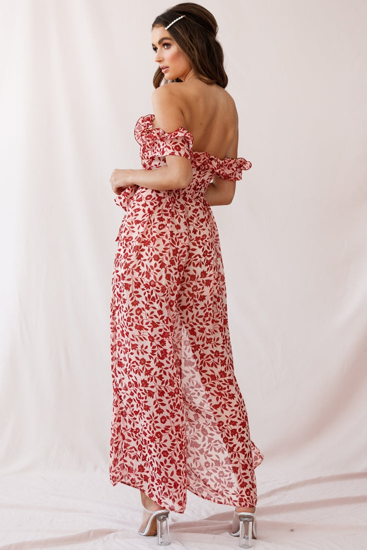 Jazz Bardot Neckline Wide Leg Split Jumpsuit Red by Selfie Leslie