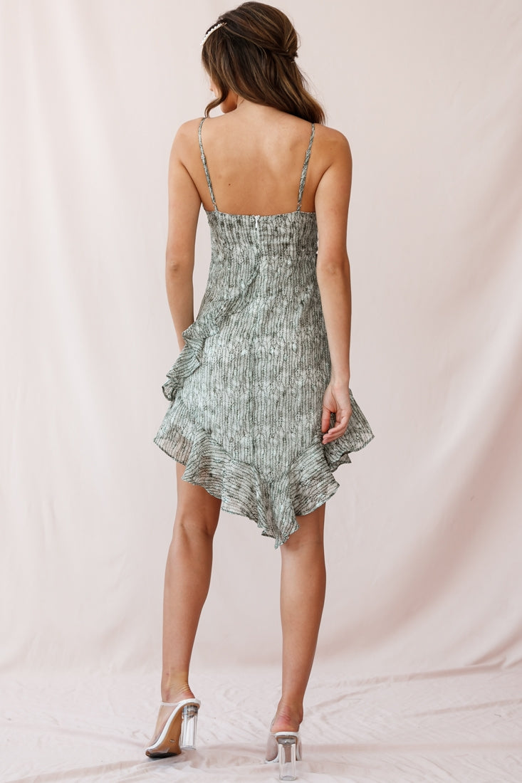 Kindred Ruffle-Trimmed V-Shaped Hem Dress Weave Print Olive by Selfie Leslie