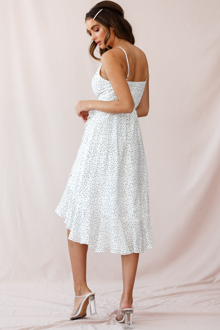 Blessed Wrap Ruffle Hem Midi Dress Dot Print White by Selfie Leslie