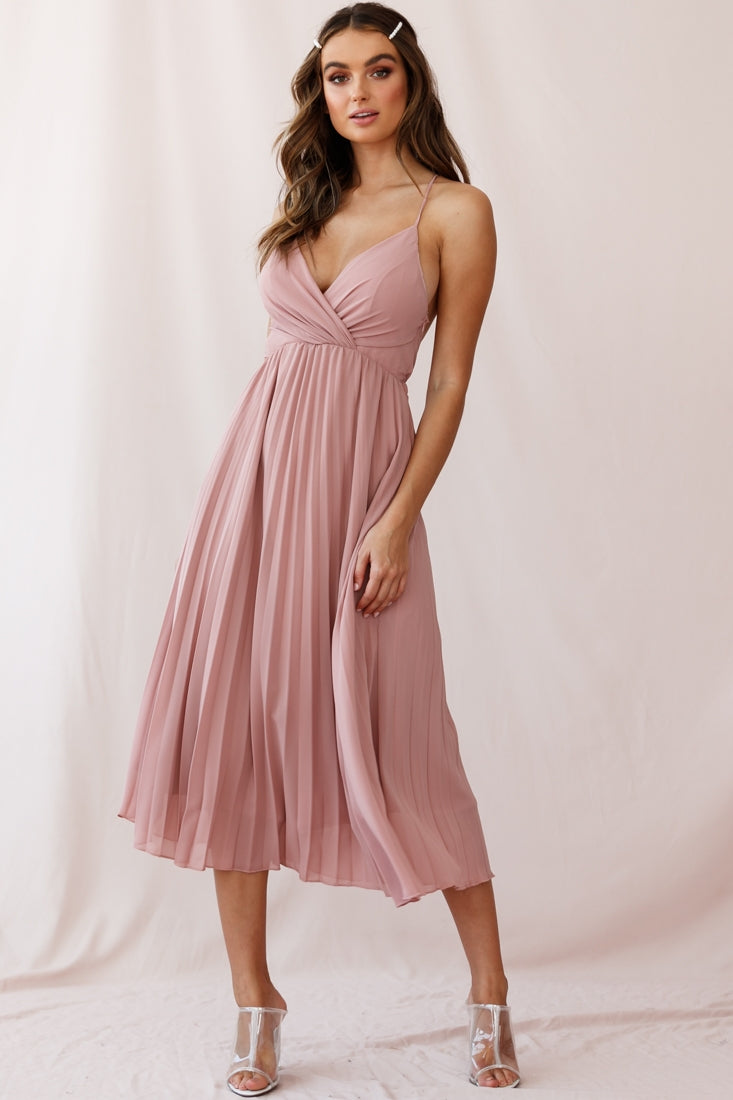 Artemis Accordion Pleat Strappy Back Midi Dress Blush by Selfie Leslie