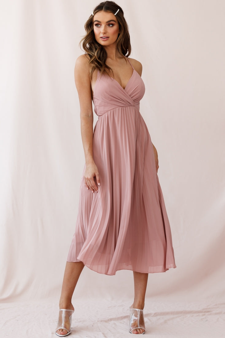 Artemis Accordion Pleat Strappy Back Midi Dress Blush by Selfie Leslie