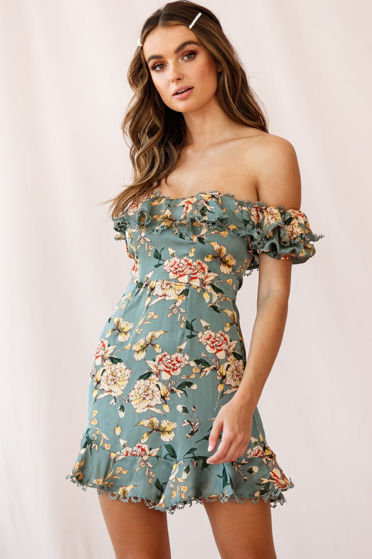 Bobby Bardot Neckline Puff Sleeve Dress Olive by Selfie Leslie