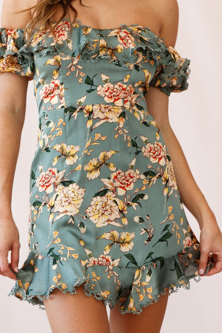 Bobby Bardot Neckline Puff Sleeve Dress Olive by Selfie Leslie